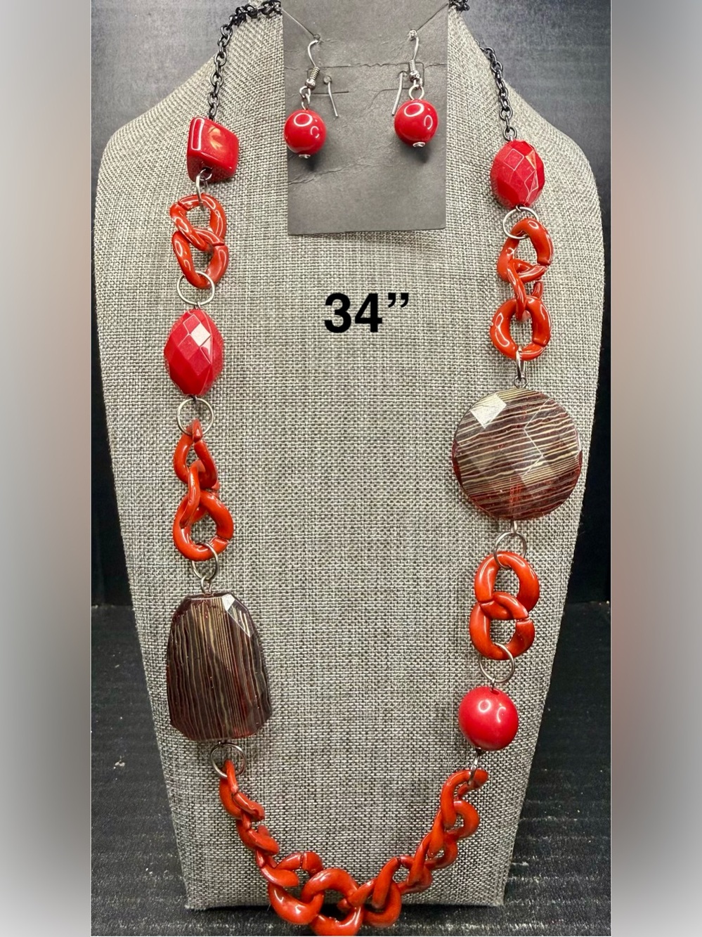 Long Red Bead & Link Statement Necklace - Women Jewelry